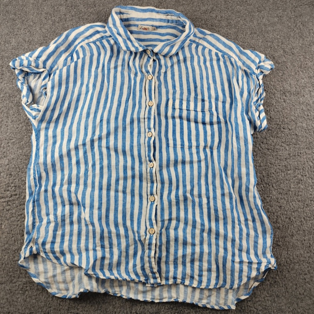 Faherty Linen Shirt Sz Large Short Sleeve Striped Blue White Coastal Beach EUC